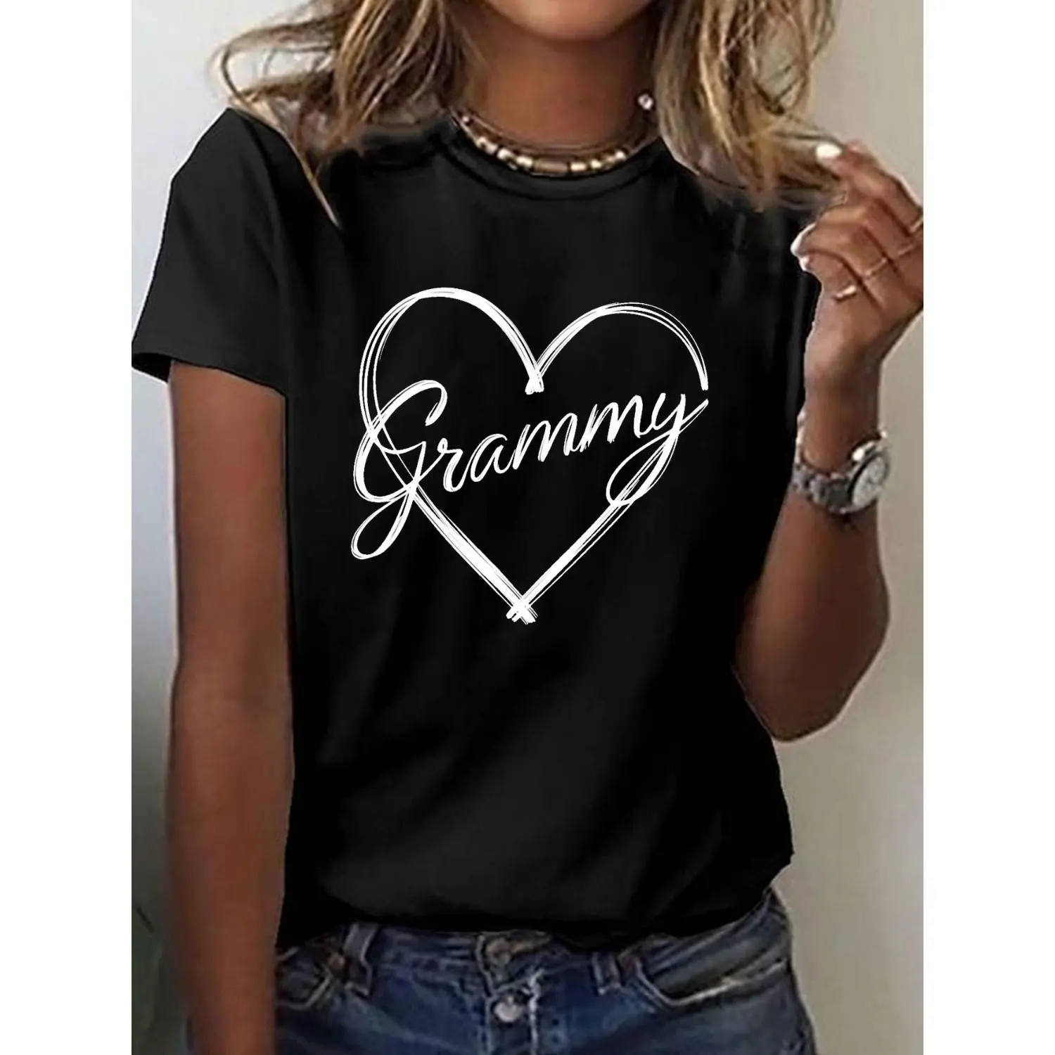 Grammy Heart Design Print T-shirt, Short Sleeve Crew Neck Casual Top for Summer & Spring, Women's Clothing