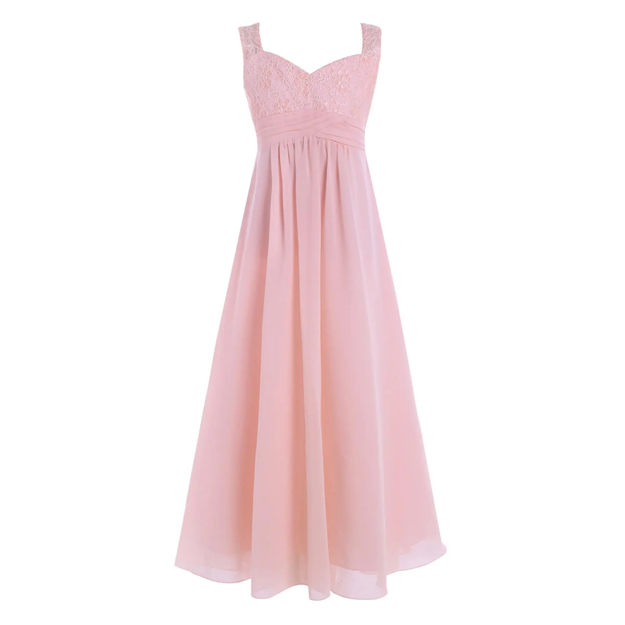 Youth Girls' Polyester Chiffon Floor-Length Junior Bridesmaid Ball Gown, Ruched Top Maxi Little Girl Dress, Princess Cover-Up, Dresses