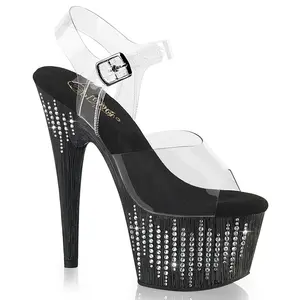 Women's Classy Elegant Heeled Platform Sandals with Clear/Black-Silver Rhinestones, Fashion Footwear, Adore-708WFRS Shoe