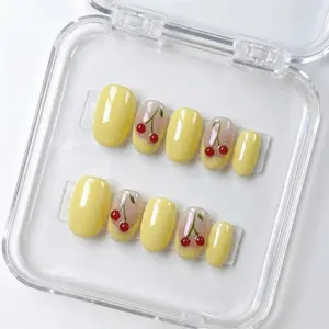 Handmade Summer Cherry Press On Nails | Cute Short Squoval Nails | Perfect Mother's Day Gift For Her Salon Quality Reusable Fake Nails, Daily Wear,summervibes