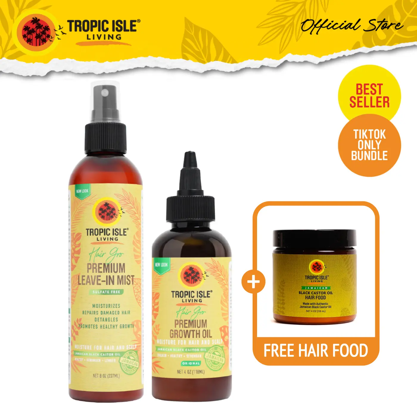 Tropic Isle Living Hair Growth Bundle with FREE Hair Food Coconut | Stronger, Thicker, Healthier Hair | Great for Lash Serum & Hair Castor Oil