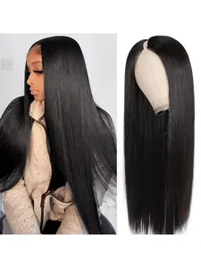 Glueless V Part Straight Human Hair Wig, 180 Density Natural Black Pre-Plucked Hairline Wig, No Leave Out Design, Easy Wear Stylish Wig for Wig Beginners
