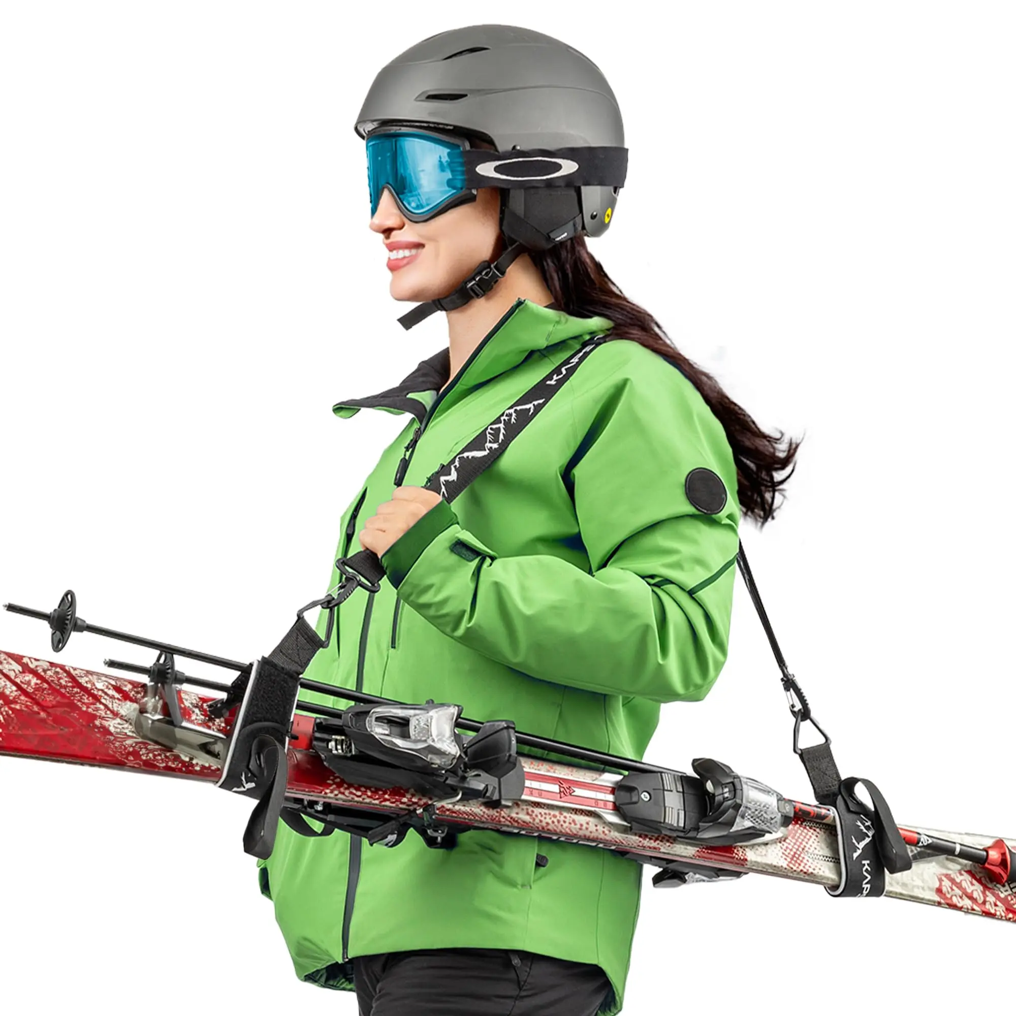 KapStrom Black Ski Straps & Pole Carrier - Heavy-Duty Custom-Fit Adjustable Straps, Cushioned Shoulder Sling, Quality-Assured for Adult Skiers