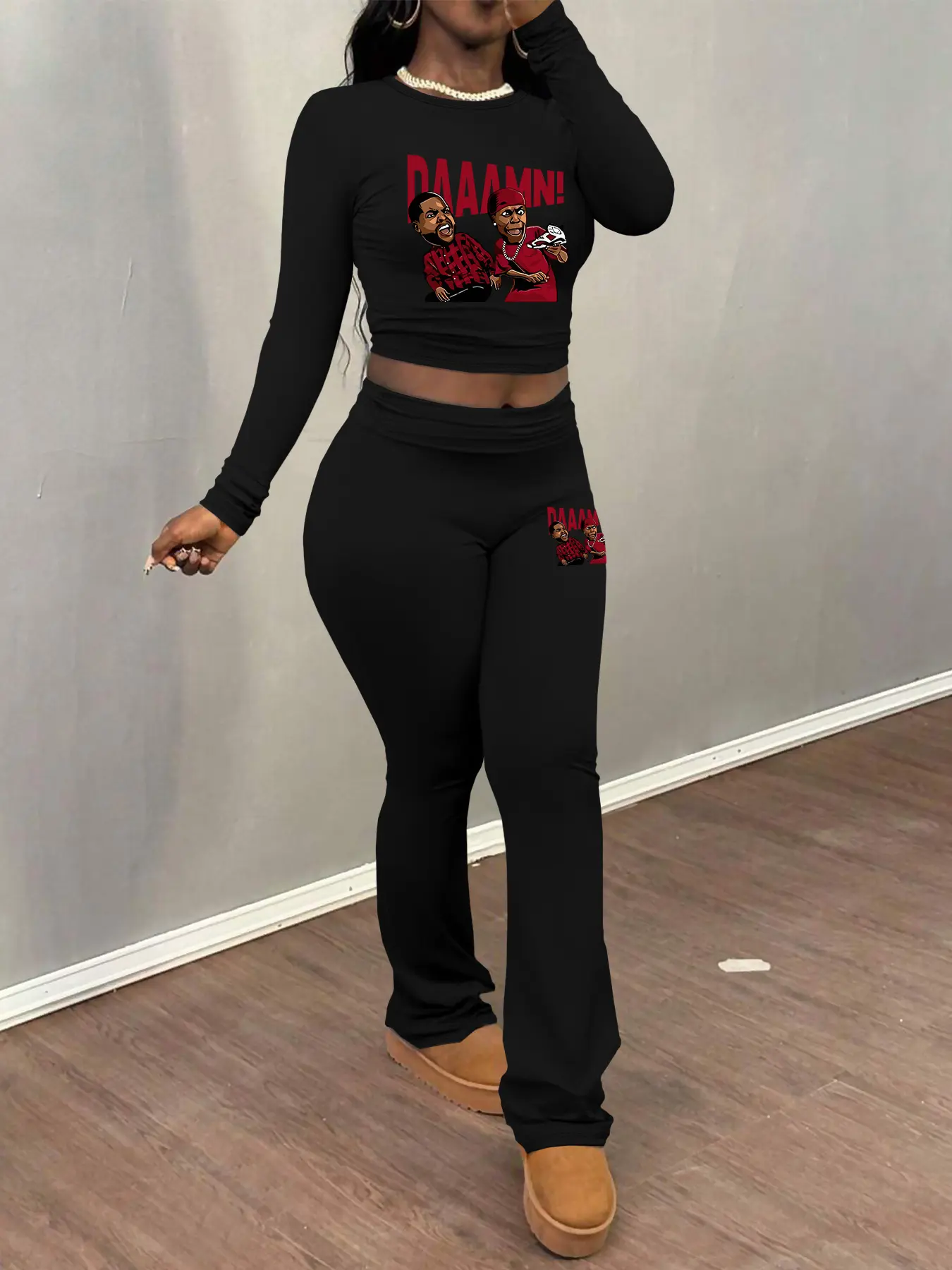 DAAAMN pattern printing Women's Letter Print Crop Top Set, Coordinates, outfit, Casual Fall & Winter, Tight-Fitting Long Sleeve Shirt + Flared Pants, Home Wear