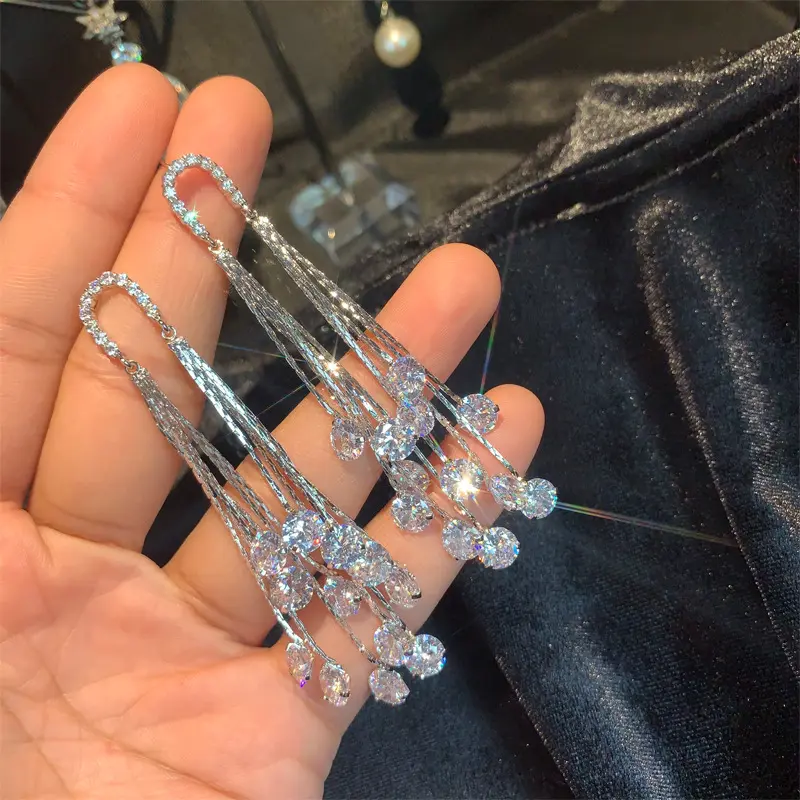 Oversized Tassel Earrings, Long Dangle Design with Micro Pave Sparkling Zircon, Unique Fashion Statement Jewelry for Women