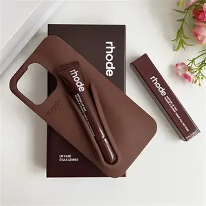 RHODE Aesthetic Makeup Phone Case for iPhone 11 12 13 14 15 16 17 Pro Max, Built in Lip Gloss Holder with Soft Silicone Shockproof Protective Design