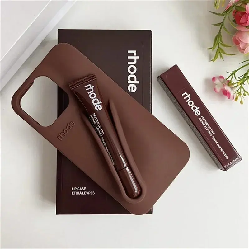 RHODE Aesthetic Makeup Phone Case for iPhone 11 12 13 14 15 16 17 Pro Max, Built in Lip Gloss Holder with Soft Silicone Shockproof Protective Design