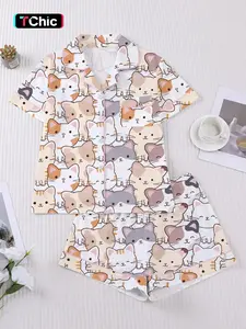 Cartoon Cat Print Pajama Set Nightwear for Women, Short Sleeve Shorts, Casual Home Wear, Perfect for Festive Occasions and Family Gatherings