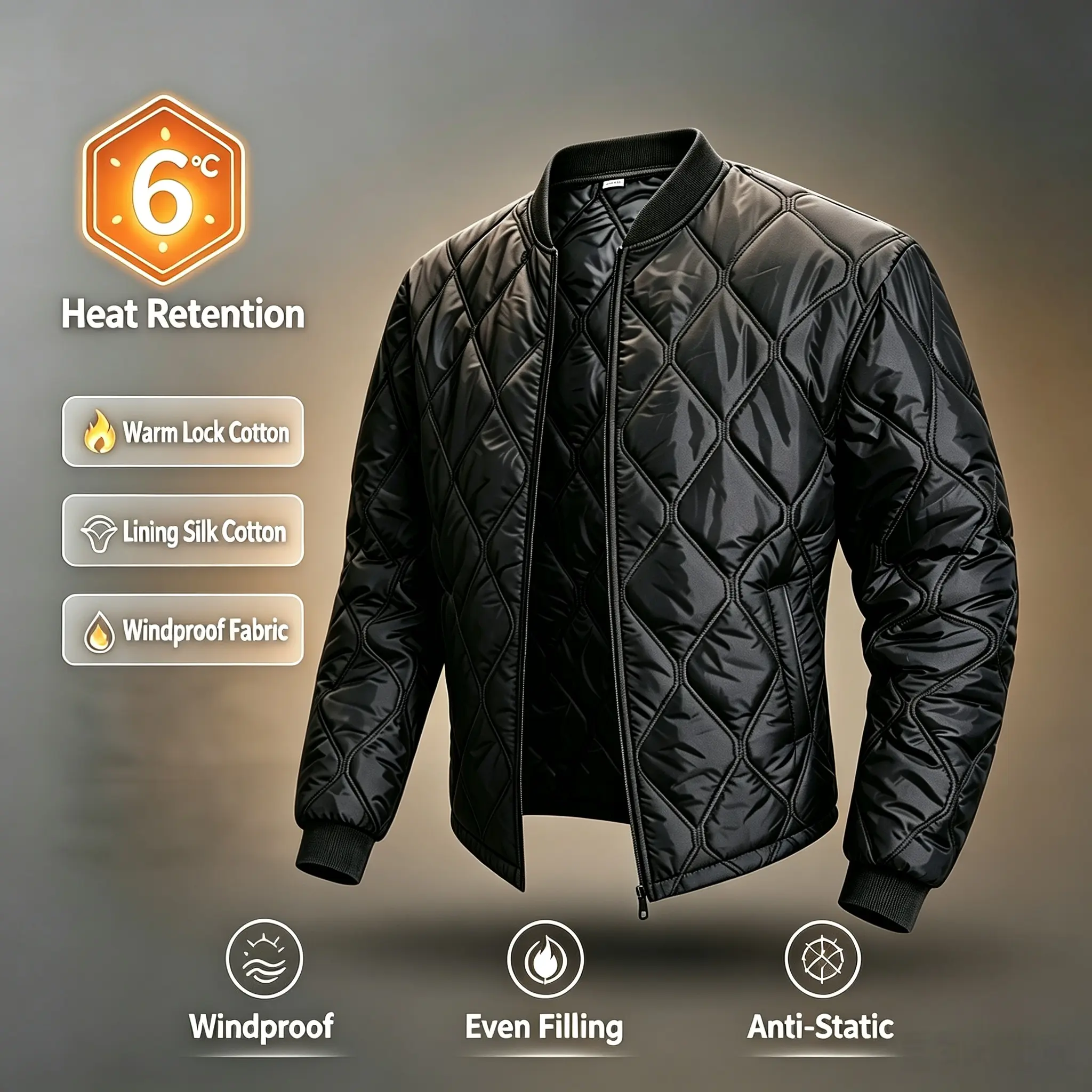 Men's Diamond Quilted Aviator Jacket with Silk Cotton Lining, Casual Lightweight Windproof Winter Coat for Stylish Menswear