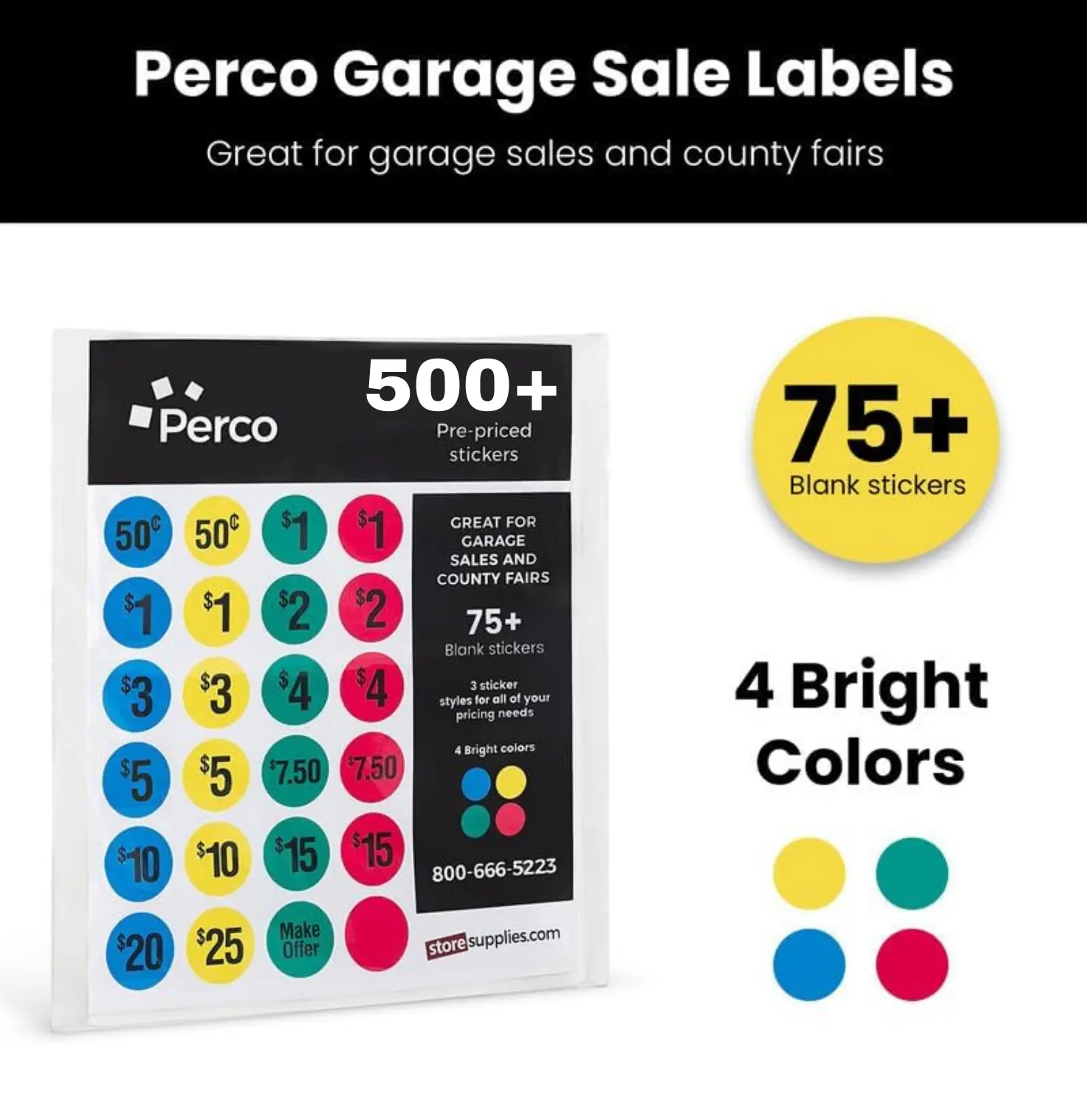 Perco Garage Sale Price Sticker Packs - Business Stickers with 500+ Pre-Priced Bold Print Tags, 75+ Blank Labels, Easy-to-Read for Office Stationery, Retail Pricing Needs (Includes Labels)
