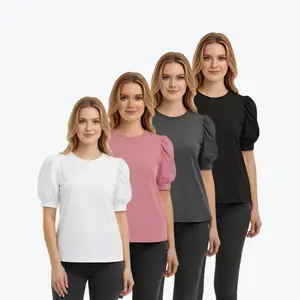 4 PACKS Womens Tops  Puff Sleeve Summer Long Tunic Dressy Casual Blouses Business Cute Trendy Short Sleeve Shirt summerwins