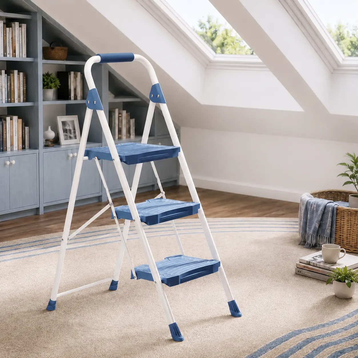Household 3-Step Portable Ladder with Safety Buckle – Stable Step Stool for Home, Kitchen, Closet, Garage & Laundry Room, Lightweight Indoor Ladder for Cleaning, Reaching High Shelves, Storage & Organization