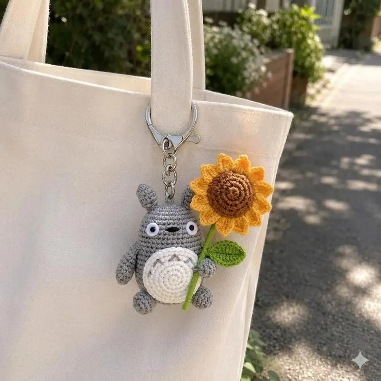 Handmade Totoro Crochet Keychain with Sunflower | Cute Amigurumi Anime Bag Charm | Kawaii Crochet Keychain Gift for Totoro Lovers
