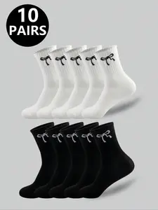 Women's Sporty Casual Style Fitted Comfortable Lightweight Socks, 5 Pairs/10 Pairs Mixed Bow Pattern, All-Season Mid-Calf Socks