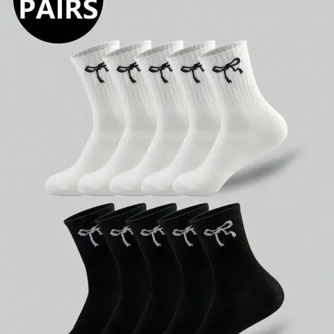 Women's Sporty Casual Style Fitted Comfortable Lightweight Multipack Socks, 5 Pairs/10 Pairs Mixed Bow Pattern, All-Season Mid-Calf Socks, Casual Daily Socks