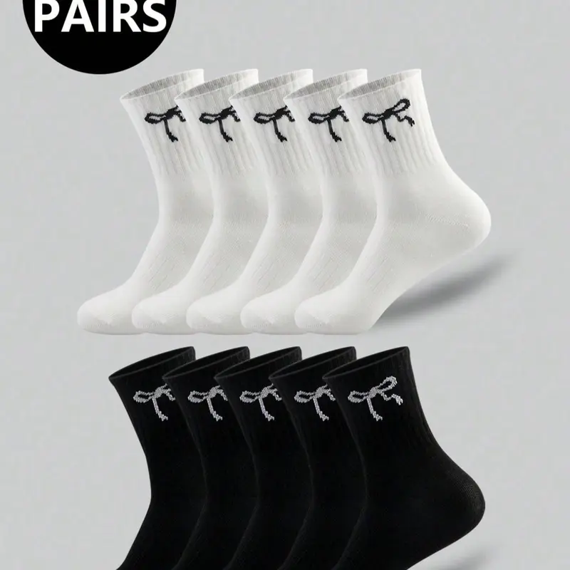 Women's Sporty Casual Style Fitted Comfortable Lightweight Multipack Socks, 5 Pairs/10 Pairs Mixed Bow Pattern, All-Season Mid-Calf Socks, Casual Daily Socks