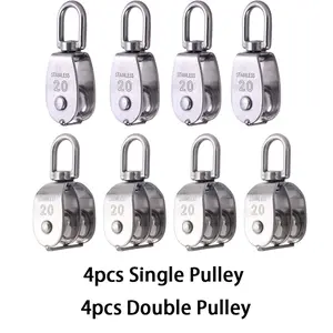 A Set of 8/4 Pcs M20 Pulley Block,Including Single Pulley & Double Pulley 304 Stainless Steel Wire Rope Lifting Swivel Hook,Ideal for Camping,Hammock,Awning Pulley,Rock Climbing,Tools & Hardware