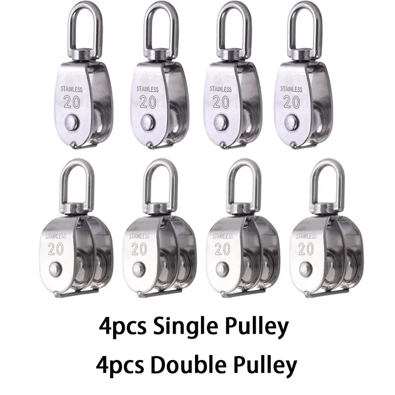 A Set of 8/4 Pcs M20 Pulley Block,Including Single Pulley & Double Pulley 304 Stainless Steel Wire Rope Lifting Swivel Hook,Ideal for Camping,Hammock,Awning Pulley,Rock Climbing,Tools & Hardware