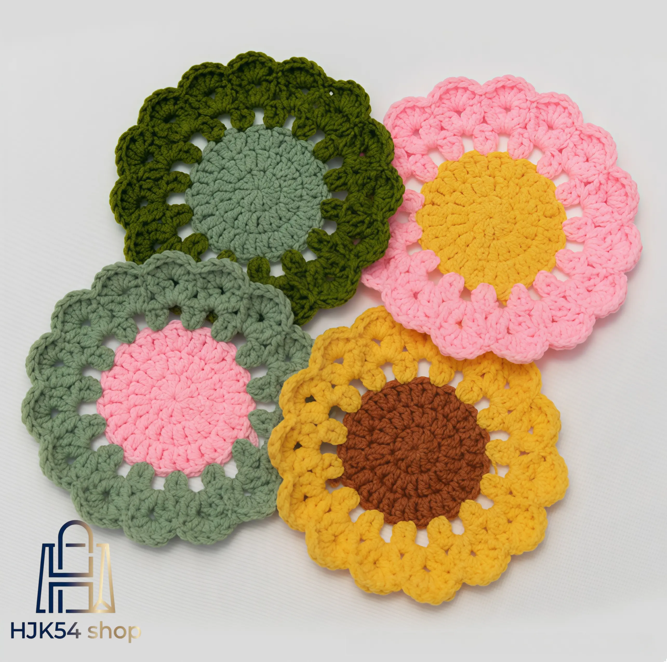 4pcs Handmade Boho Cottagecore Round Crochet Cotton Coasters - Rustic Scalloped Edge, Floral Design for Coffee Cups, Tea Cups, Tableware