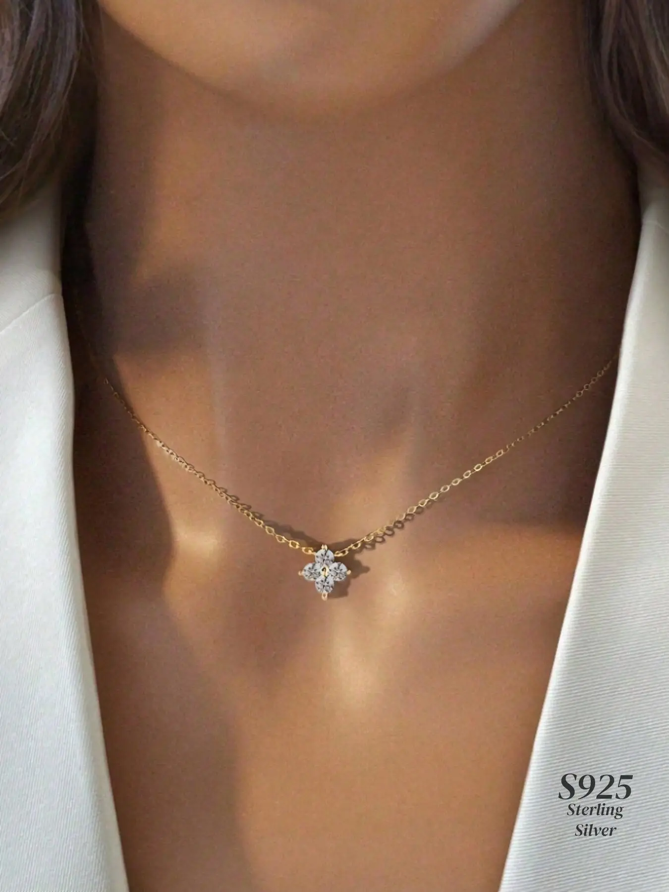 S925 Sterling Silver Four Leaf Clover Design Pendant Necklace, Elegant Artificial Zircon Decor Necklace for Women & Girls, Trendy All-match & Exquisit