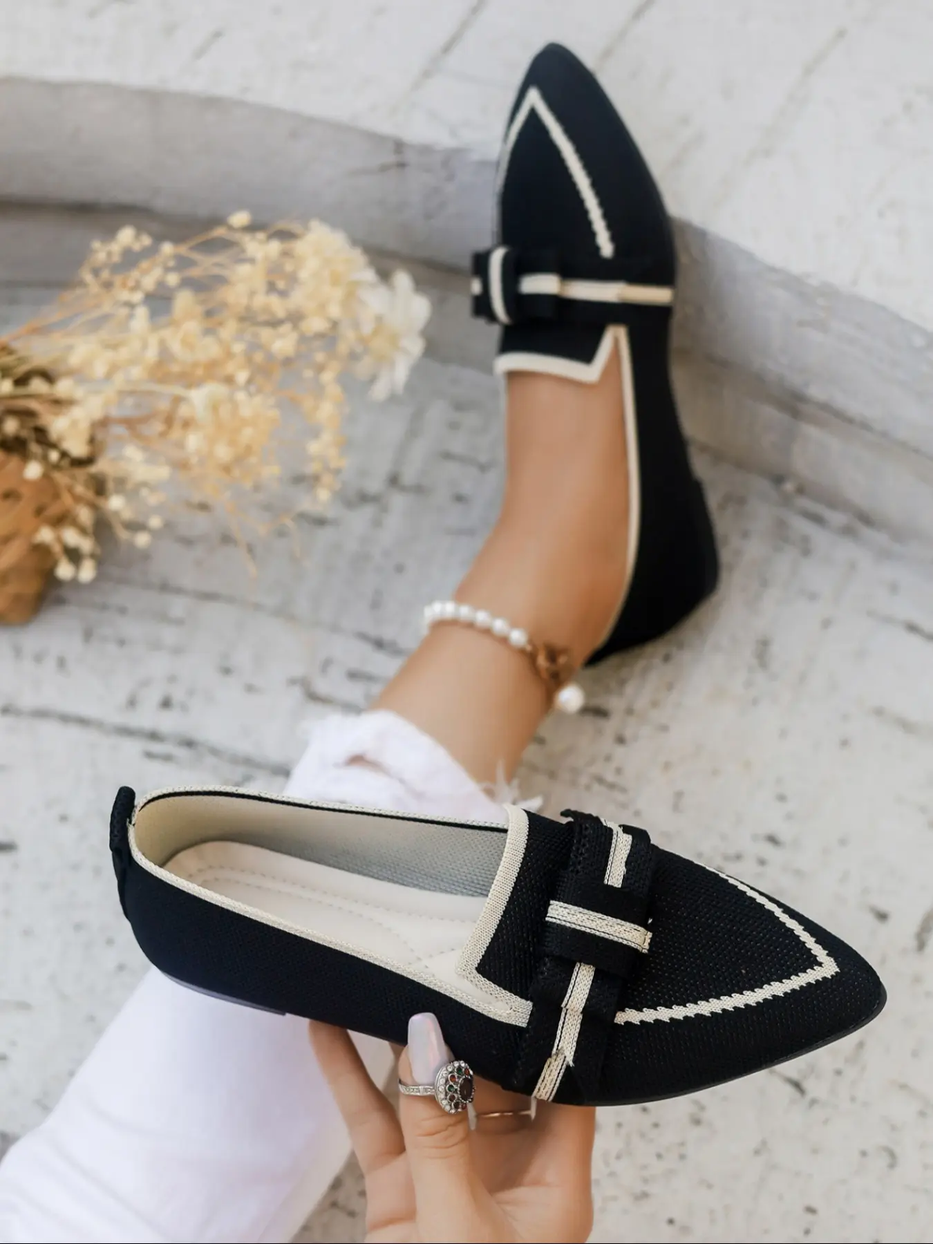 Women's Pointed Toe Textile Flat Shoes, Bow Design, Breathable Mesh Upper, Slip-On Comfort, Breathable Slip Ons, Casual All Season Footwear, Pointed Toe Flats, Fashion Casual Shoes