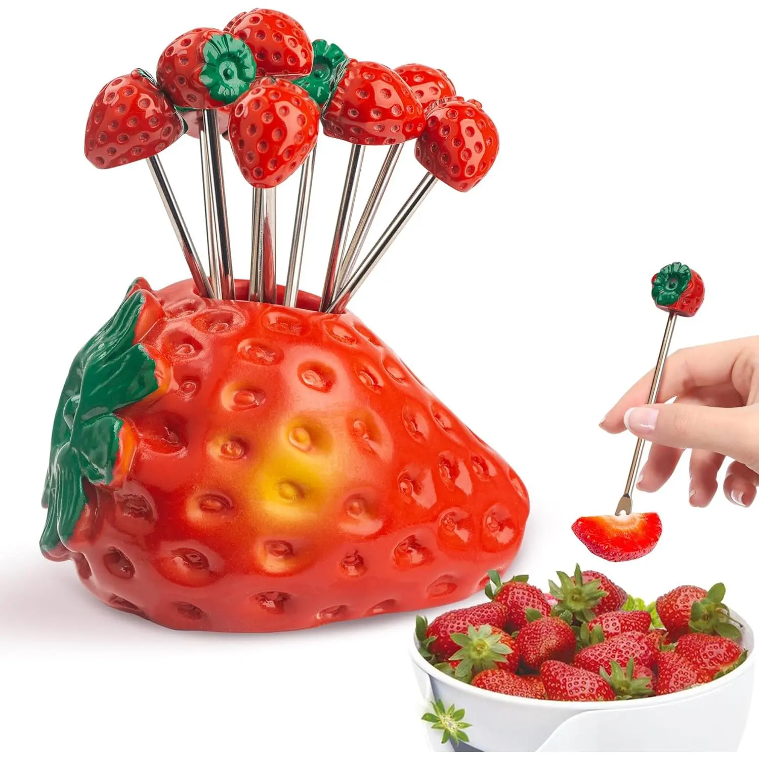 Strawberry Stainless Steel Cutlery Set - 10 Fruit Dessert Salad Forks, Food Picks with 1 Strawberry Holder, Party & Home Tableware