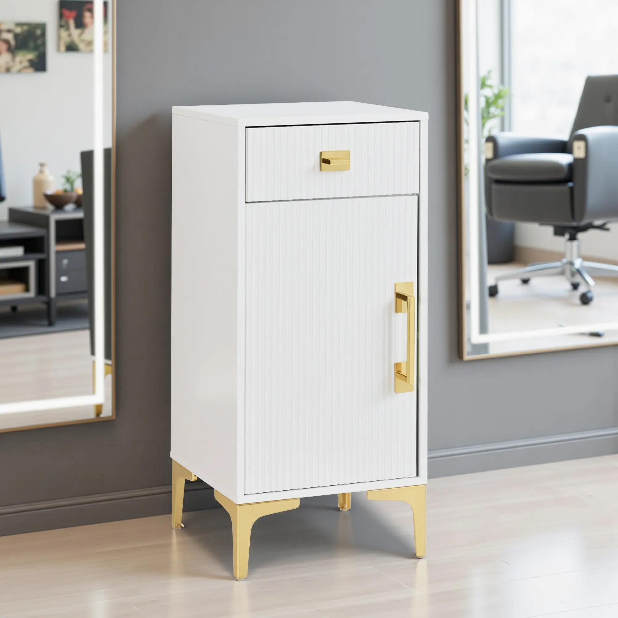 White Fluted Salon Cabinet - Barber Station with Golden Handle for Salon Organization 2027
