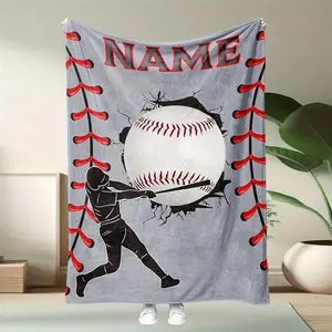Custom Name Baseball Fan Personalized Text Flannel Blanket, Kids Blanket 2D Flat Print Throw Blanket, 1pc Soft Cozy Lightweight Multi-Purpose Blanket for Holiday Commemorative Gift, blankets bedding bed accessories soft elastic breathable
