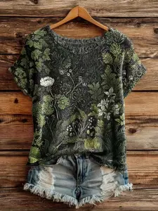 Elegant Loose Fit Round Neck Knit Top, Floral Print Short Sleeve Women's Shirt, Casual Summer Fall, Comfortable Daily Wear
