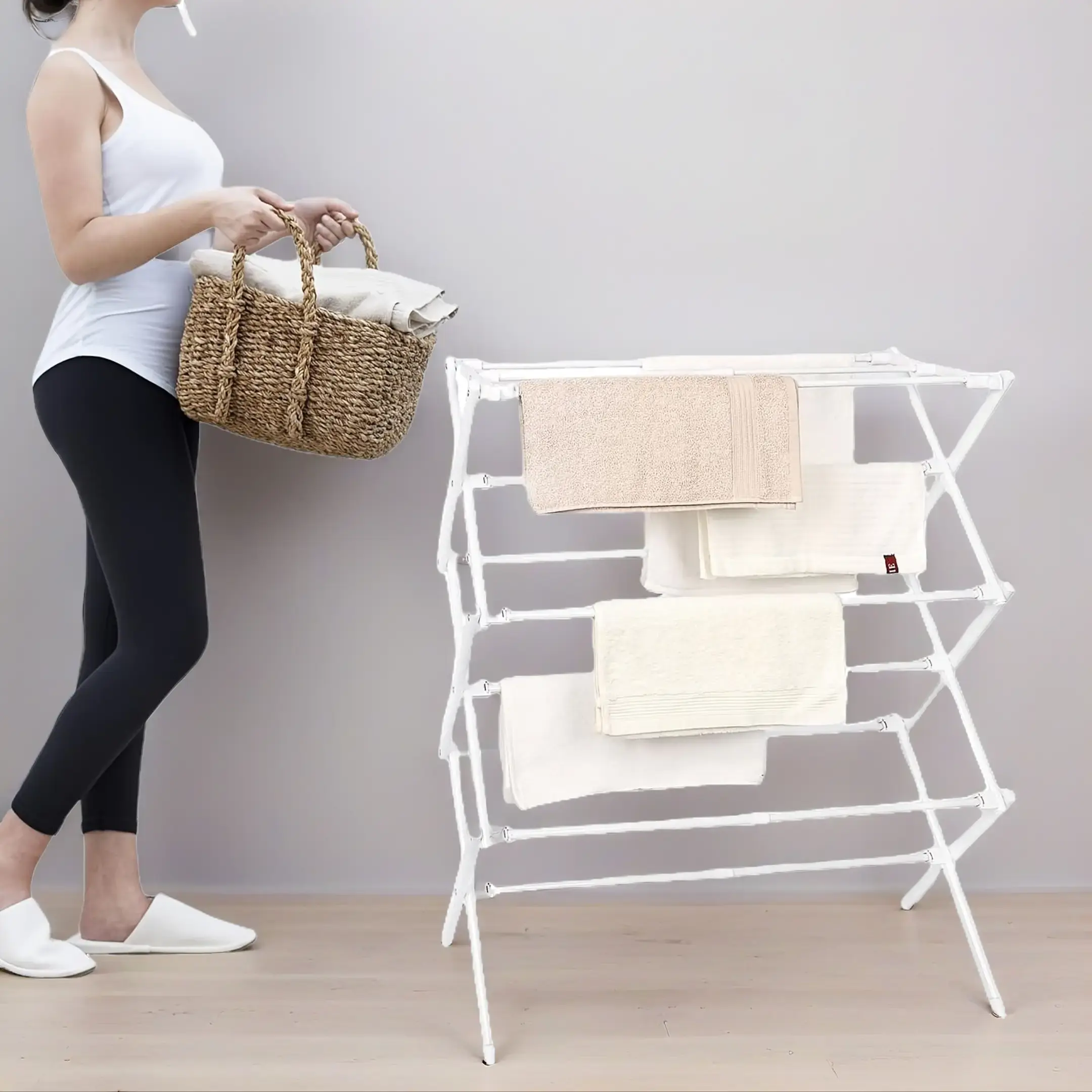 1 × White Foldable Portable Steel Frame Clothes Rack, Eco-Friendly Lightweight Rust-Resistant Drying Rack, 14.5" d x 29.5" w x 41.8" h, 32 lbs Capacity, for Backyards Balcony Indoor-Outdoor Home Bathroom Laundry Essential