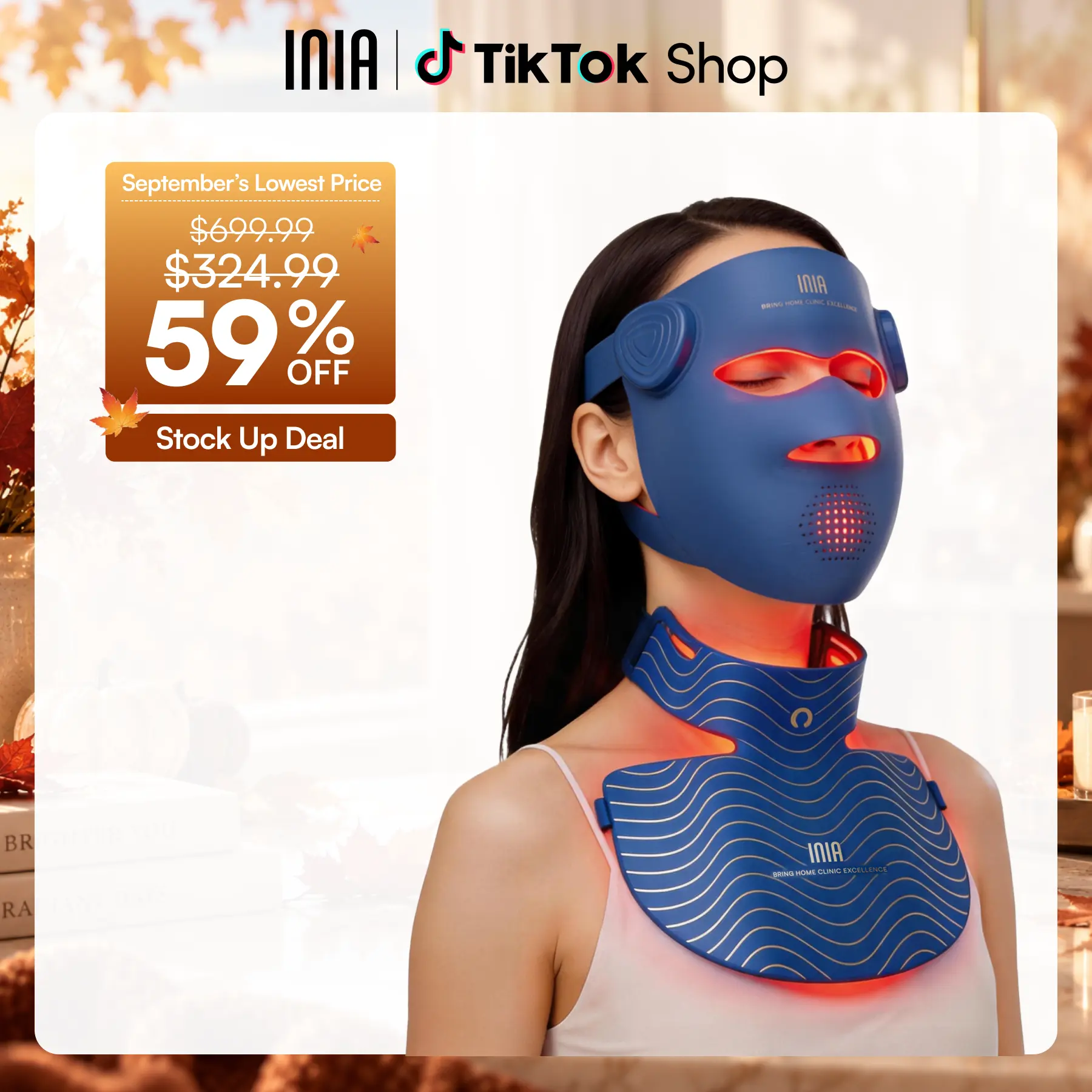 INIA GLOW 940nm 4D Dual Mask Bundle (Face & Neck), Deep NIR Repair (940+850nm) Red Light Therapy Cooling Device for Lift & Glow Care, Brightening, Wrinkle Reduction, Anti-Aging (Face to Chest), Summer Travel Accessory
