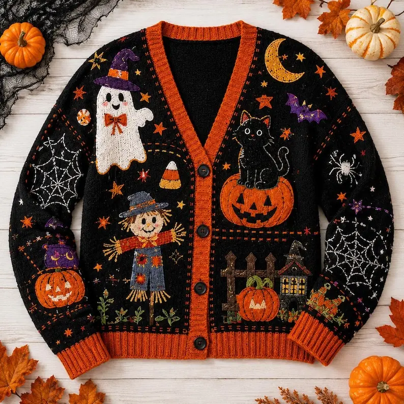 Halloween Cardigan, Pumpkin Knit Cardigan, womens large sleeveless cardigan, Skeleton Pumpkin Ghost Halloween Sweatshirt Daniel