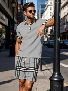 Men's Plaid Casual Set Polo Shirt + Plaid Shorts Two-Piece Set, Loose-Fitting Short Sleeve, All over Print, Comfortable Style