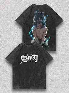 valentine shirts Men's Distressed Reversible T-Shirt - Demon Slayer Inosuke Lightning Trendy Print, Vintage Washed Craft, Niche Streetwear Top