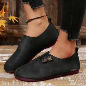 Women's Vintage-Inspired Flat Loafers Soft Leather Button Decor Casual Slip-On Shoes Indoor Outdoor