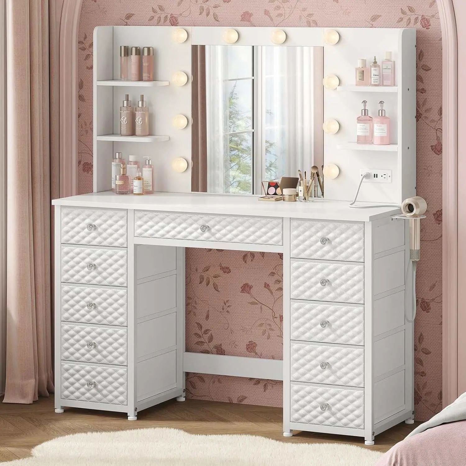 Sikaic Stylish Illuminated Multi-Light Stand-Alone Makeup Vanity, Makeup Dresser with 11 Drawers and 6 Open Shelves, White, Stylish Makeup Vanities