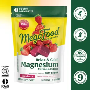 MegaFood Magnesium Soft Chews – Strawberry Flavor. Helps relax the body & promote a sense of calm. 30 Individually Wrapped Chews