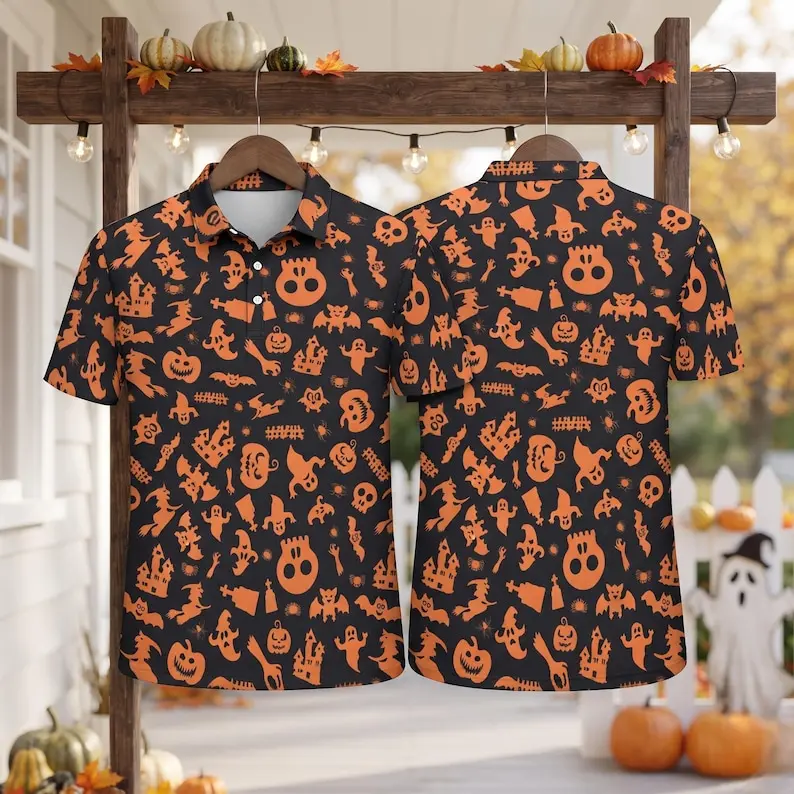 Halloween Ghost Pumpkin Polo Shirt for Men, Spooky Orange Black Horror Print Golf Shirt, Fall Party Costume Casual Gift #Halloween
