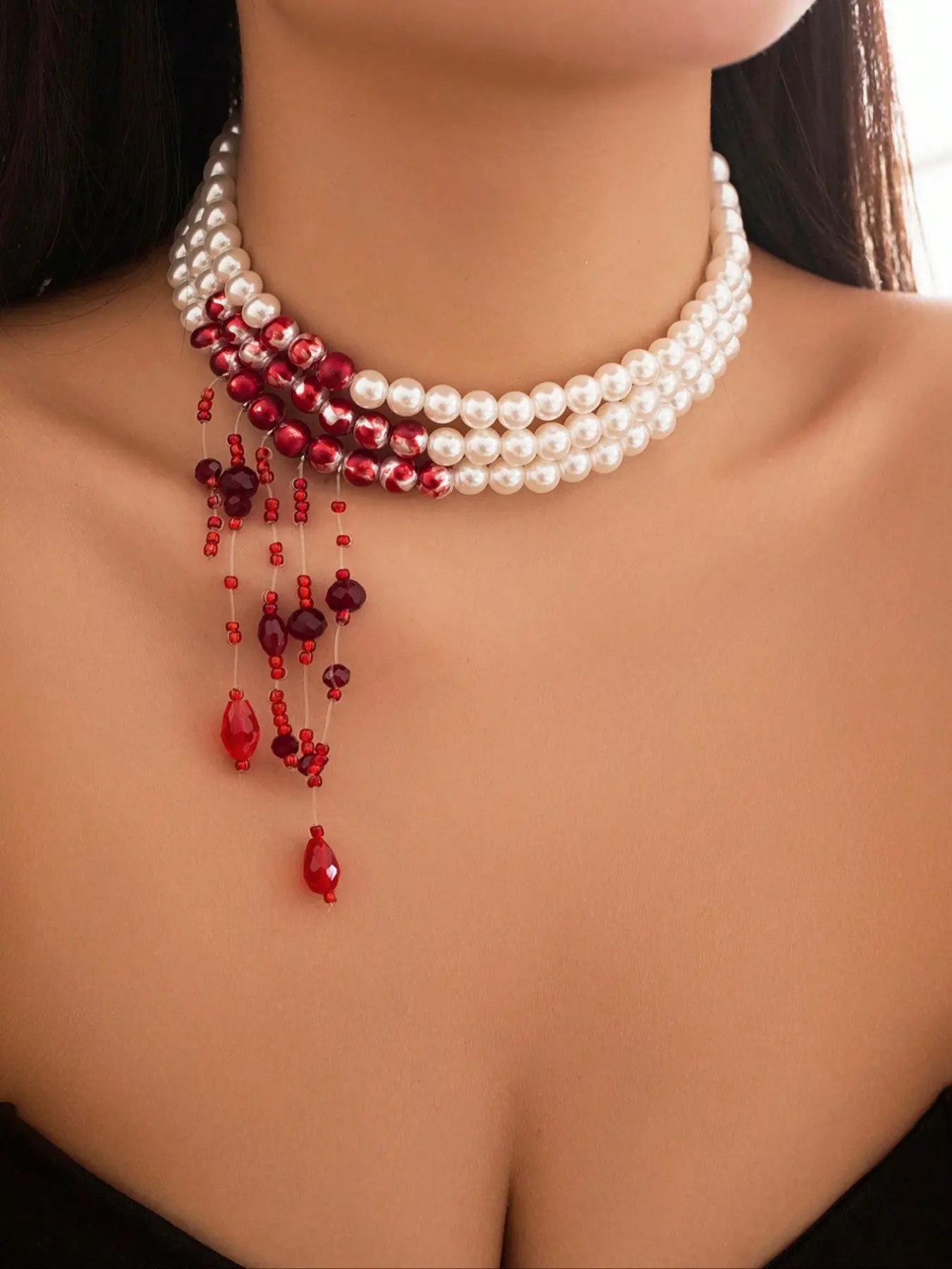 Vintage Punk Gothic Style Crystal Blood Drop Tassel Necklace, Crystal Pendant, Layered Pearl Beaded Chain, Women's Party Jewelry Gift, Statement Necklace, Unique Design Pendant, Accessory Necklace