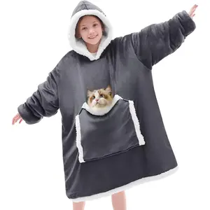 Kids Wearable Blanket Hoodie, Oversized Cat Lovers Hoodie Blanket for Kids & Teens, Birthday Gifts for Girls Boys, Warm Cozy Fuzzy Sherpa Fleece Blanket With Giant Pocket, Grey