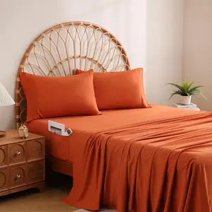 JSD Burnt Orange Queen Sheet Set with Side Corner Straps, 4 Piece Soft Microfiber Bed Sheets Deep