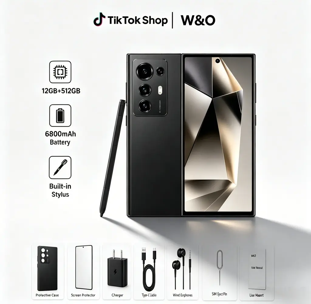 W&O Smartphone 12GB+512GB, 6.8-Inch HD Display, 6800mAh Large Battery, Built-in Retractable Stylus, Android 14, 50MP Camera, Octa-Core Processor, Dual SIM, Rear Fingerprint Unlock, Metallic Body, Face Recognition, GPS Navigation, Streaming Gaming Phone