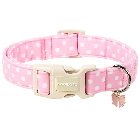 DOGWONG Pink Polka Dot Breathable Cotton Adjustable Dog Collar - Non-Customized, Quick Release Buckle, Easy Roll Adjust, Detachable, Chew Resistant, Hand Wash Only, Wedding-Day Cute Design for Small-Medium Female Dogs - Adjustable Collars for Parties