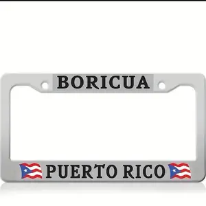 Boricua License Plate Frame Chrome with Screw Cap Vinyl Sticker for North US Puerto Rico Auto Tag Holder Chrome Finish