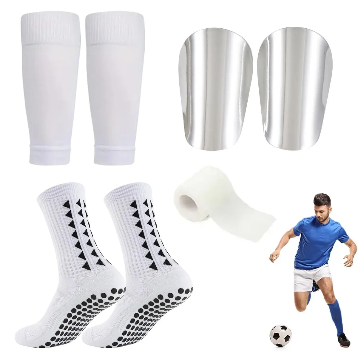 Professional Football Socks Set, Soccer Socks, Soccer Grip Socks, 1 Set Including Football Socks & Sock Guard & Leg Sleeves & Sports Tape, Outdoor Sports Equipment for Football, Football Accessories