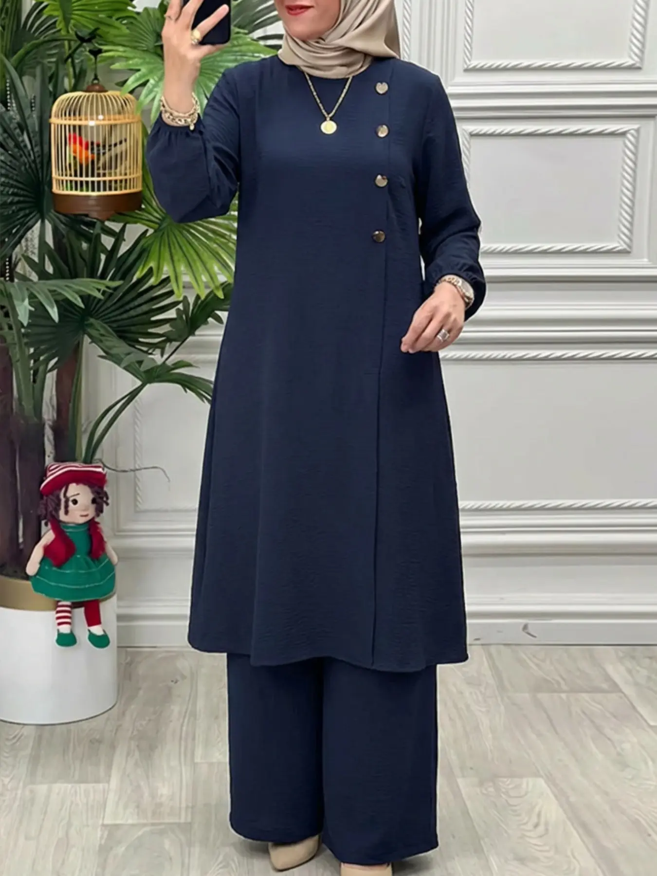 Women's Casual Suit Set, Mid-Length Top with Split Design, Long Sleeve, Loose-Fit High Waist Pants, Two Piece Set Women, Ideal for Daily Wear, Fashion Muslim Set, Clothes Sets, Set Outfit