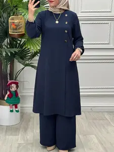 Women's Casual Suit Set, Mid-Length Top with Split Design, Long Sleeve, Loose-Fit High Waist Pants, Two Piece Set Women, Ideal for Daily Wear, Fashion Muslim Set