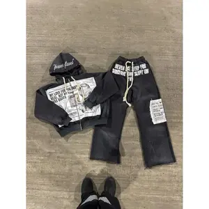 Sweatshirt and pants Y2K New Gothic Punk Sportswear Two Piece Set Harajuku Retro Patchwork Printed Loose Zipper Hoodie Fashion Casual Sports Pants colorblock drawstring zip Flare Waisted Lounge long sleeve pullover sweatshirt zipper