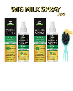 2Pcs Wig Milk Spray 2-in-1 Leave-in Conditioner & Detangler + Free Air Cushion Detangling Brush, Moisturizing Revitalizing Spray for Human & Synthetic Hair Wigs, Portable Daily Hair Care Set