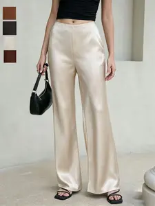 Elegant Acetate Satin Long Pants for Women, High-Waisted Straight Leg Wide Leg Pants, Office Wear Outerwear, Premium Quality